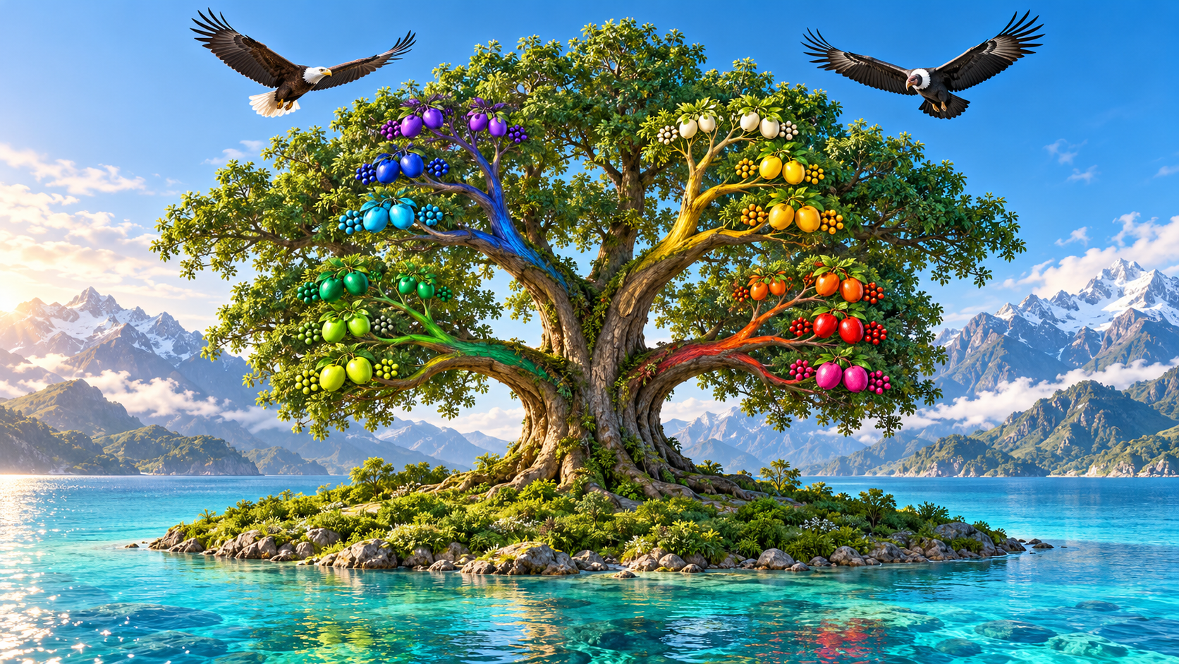 Árbol UNICOH en una isla rodeada de agua con un águila y un cóndor